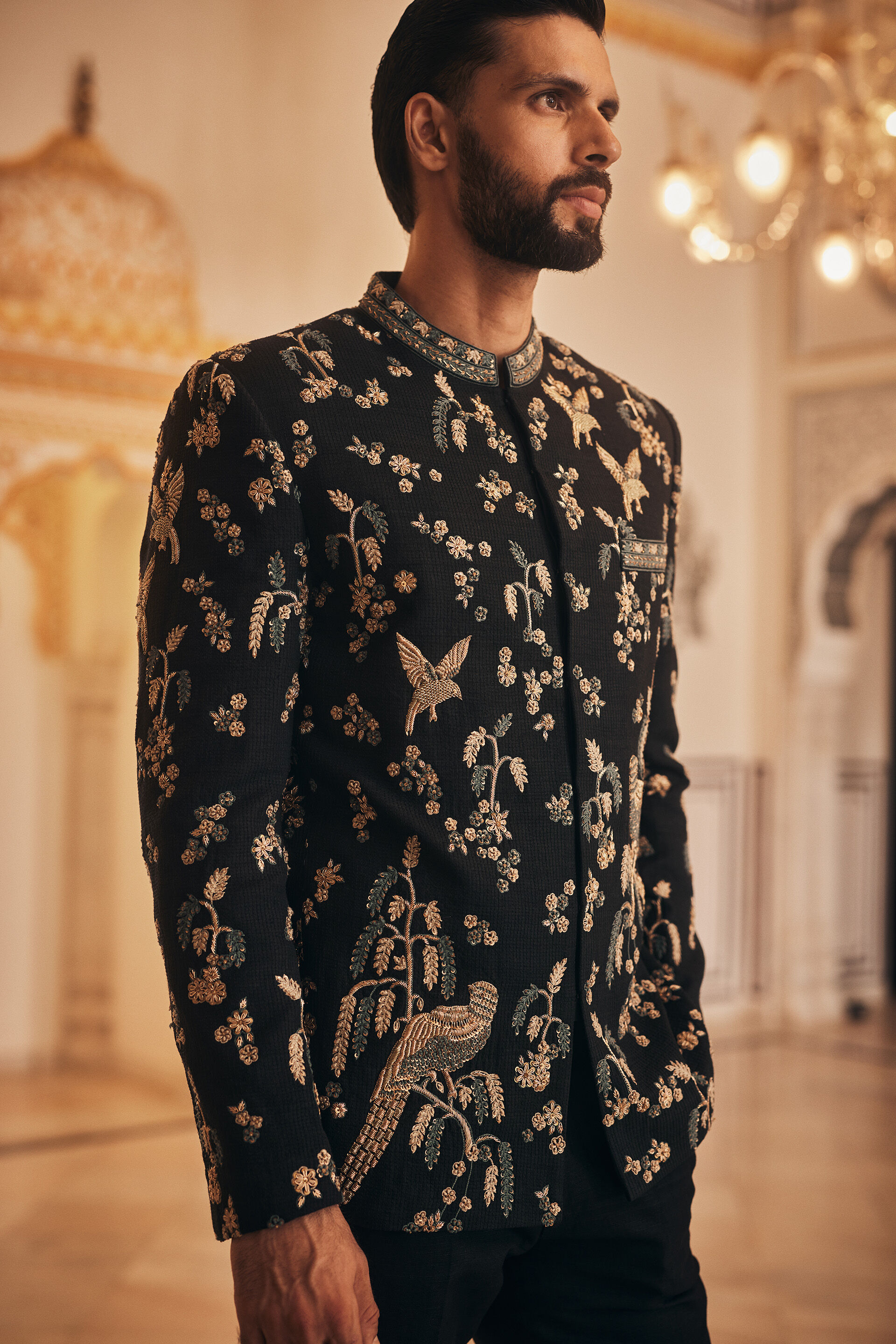 Azar Hand-embroidered Silk Bandhgala - Black, Black, image 5